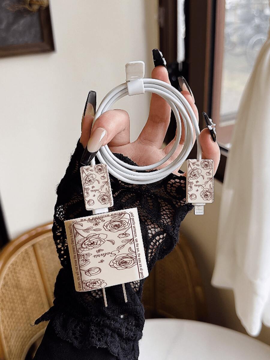 4pcs Vintage Line Floral Design Charging Head Protector Case, Data Cable Organizer Compatible With 20W Charger For IPhone 15 Pro Max, 17 Pro Max, 16 Pro Max, 11, 12, 13, 14 Pro Max, Fashionable - Apricot - View 1