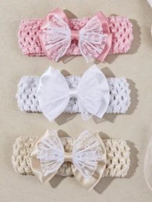 Set de 3 diademas de encaje elástico y suave con moño para niñas, cómodas para uso diario - Multicolor - Ver 2