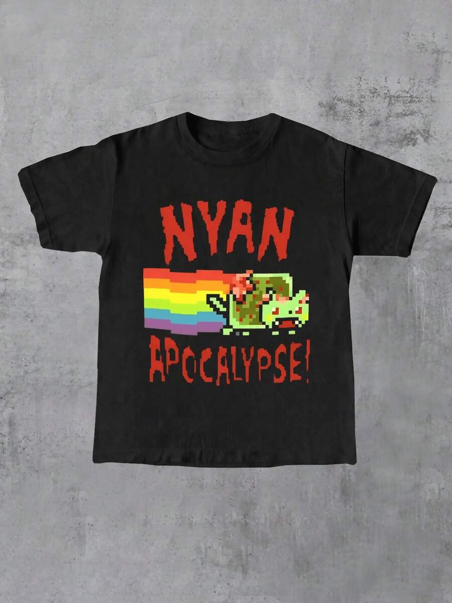 Camiseta Nyan Apocalypse Pixel Art para mujer. Camiseta gráfica única con un diseño de sendero arcoíris. Elegante e informal para uso diario. Confeccionada en algodón suave p - Negro - Ver 1