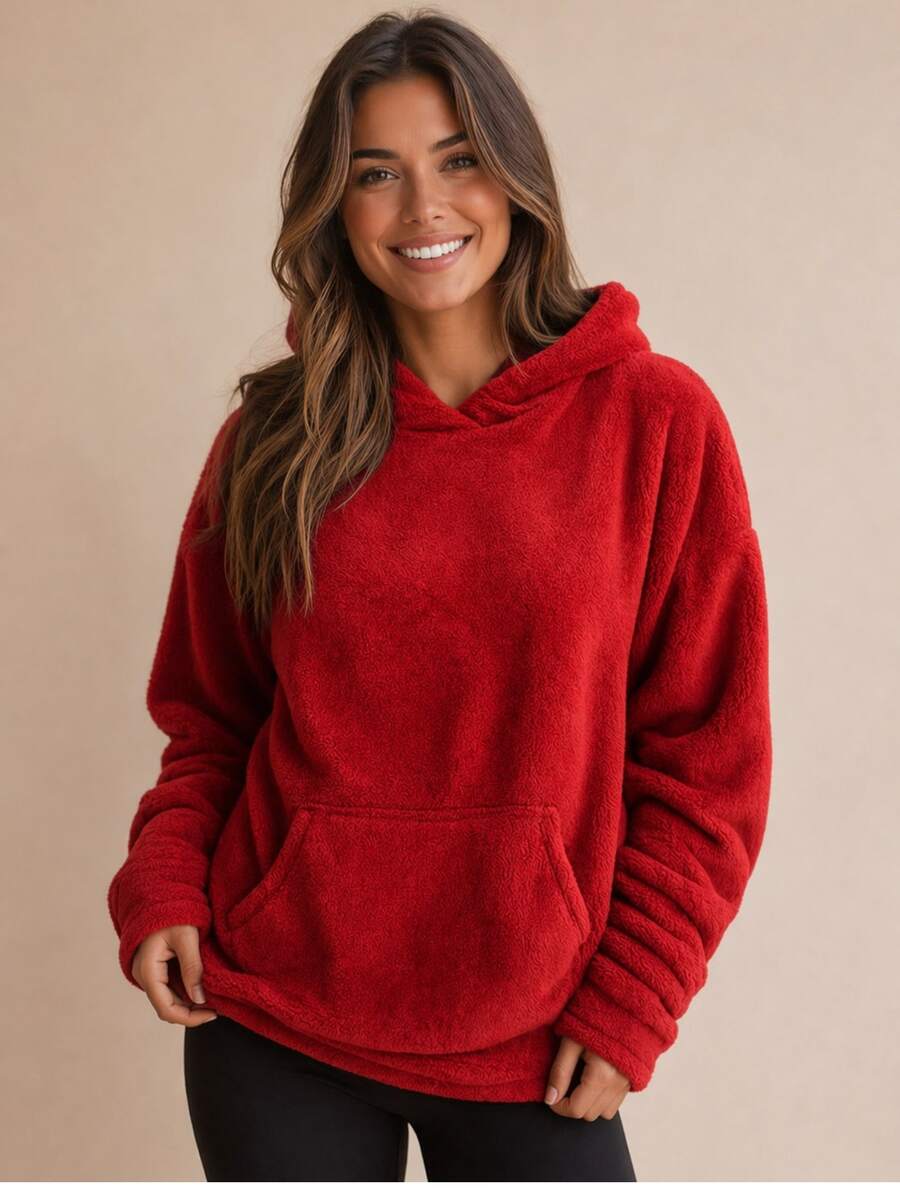 Women's Hoodie With Pocket – Comfortable And Stylish Winter Sweatshirt With Faux Fur Lining - Red - View 1