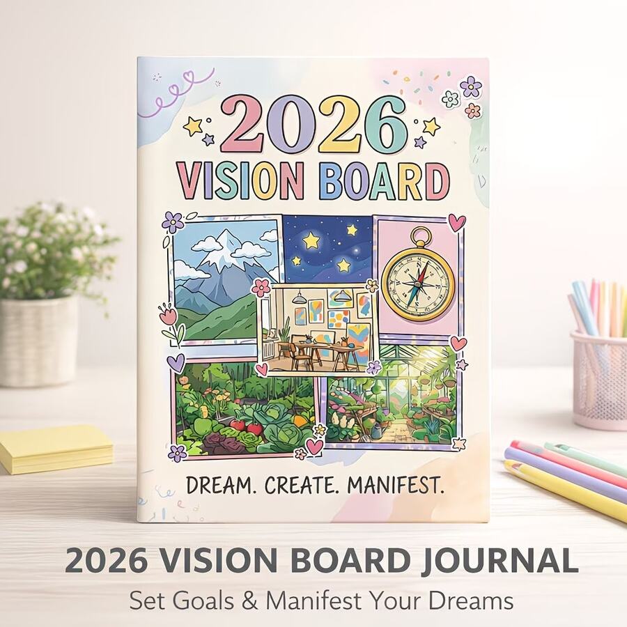 2026愿景规划本：60页月度及年度目标规划本，包含人生愿景板及行动清单 - 无日期可扩展页面，目标设定练习册，适合作为提升效率及自我关爱的礼物