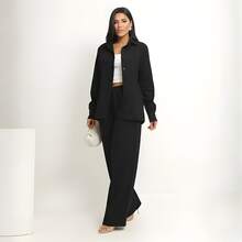 Women's Linen Set - Pants And Shirt With Buttons - Black - View 1