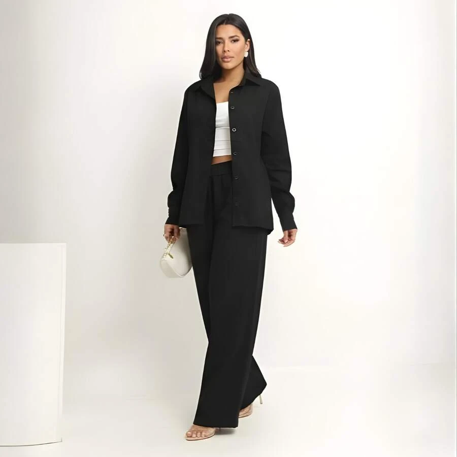 Women's Linen Set - Pants And Shirt With Buttons - Black - View 1