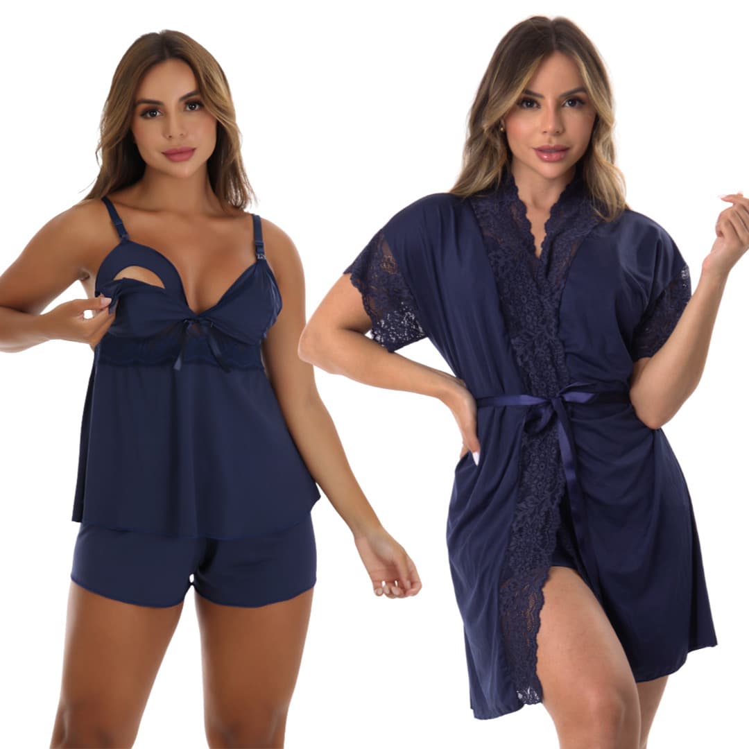 Para Mamães: Robe e Baby Doll de Amamentação Pós Parto Saída Maternidade Gestante - Azul Marinho - Visão 1