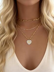 Bộ 3 mặt dây chuyền hình trái tim đính đá Cubic Zirconia thanh lịch, kèm số "15", phù hợp cho nữ giới đeo hàng ngày, hẹn hò, dự tiệc, là lựa chọn quà tặng tuyệt vời. - Vàng - Xem 1