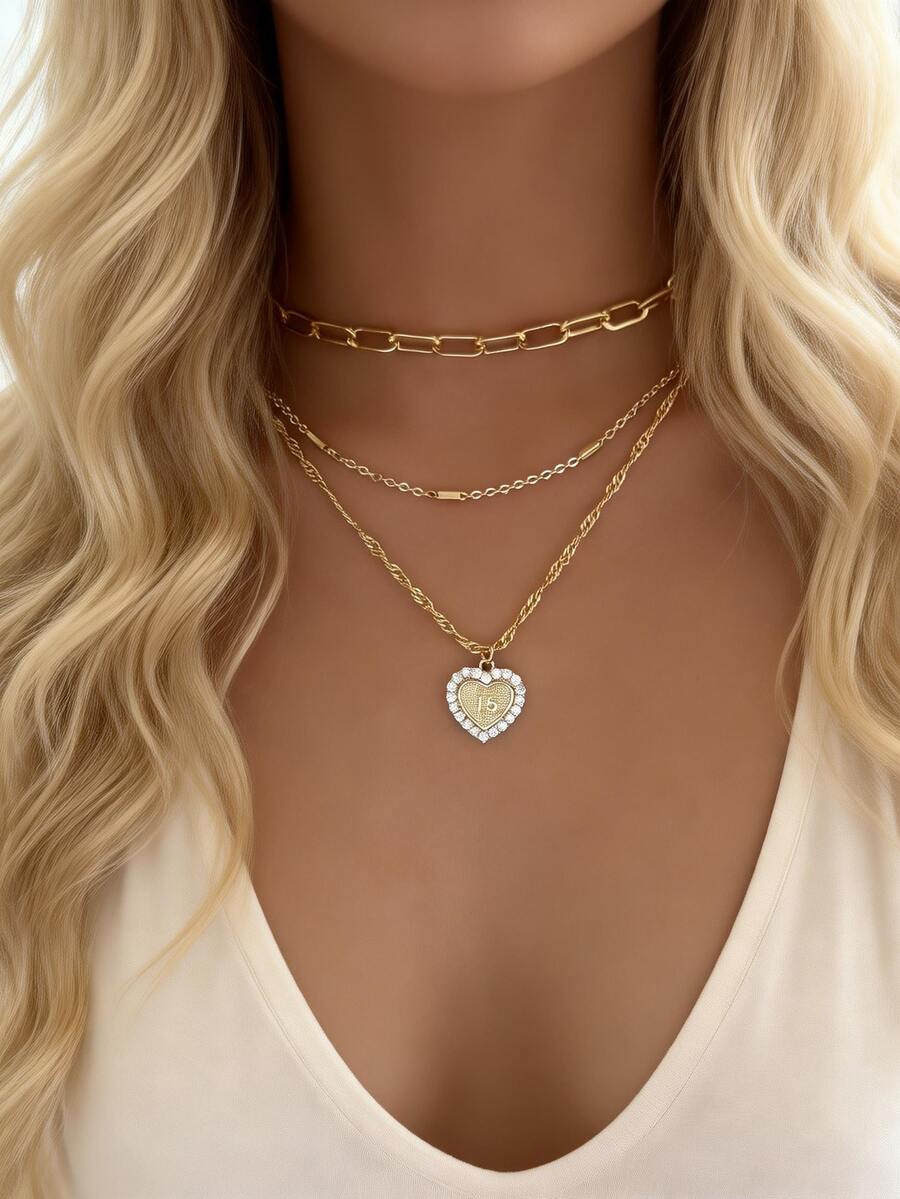 Bộ 3 mặt dây chuyền hình trái tim đính đá Cubic Zirconia thanh lịch, kèm số "15", phù hợp cho nữ giới đeo hàng ngày, hẹn hò, dự tiệc, là lựa chọn quà tặng tuyệt vời. - Vàng - Xem 1