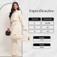 Women's Linen Set - Pants And Shirt With Buttons - Beige - View 3