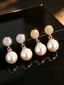 1 Pair High-Quality Faux Teardrop Faux Pearl Earrings For Brides, Wedding Bridal Bridesmaid Jewelry,Classy,Festival - Gold - View 4