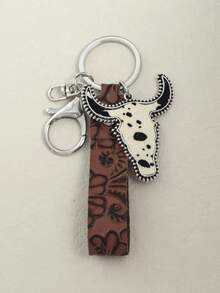 1pc Random Vintage Embossed Leather Cow Head Keychain Car Accessories Bag Charm School Cute Goth Y2k - Multicolor - View 3