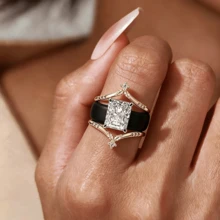 3pcs Fashion Rings For Women, Including 1pc Princess Square CZ Black Silicone Ring And 2pcs Copper Inlaid Synthetic Zirconia Rings, Elegant Combination Ring, Bride's Wedding Rings Set, Mother's Ring, Suitable For Daily Use, Weddings, Mother's Day - Bộ 3 chiếc nhẫn silicon màu đen thanh lịch - Xem 5