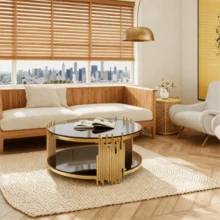 Modern Black Glass Coffee Table, Luxury Living Room Tables With Double Glass Top, Round Coffee Table With Gold Steel Base, Sofa Side Table With Round Glass Top, Coffee Table For Living Room/Home/Office - Gold - View 9