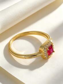 Charm-In 18K Gold Plated Pink Cushion Cut CZ Ring, Dainty Halo Stackable Promise Ring, Elegant Jewelry Gift For Women - Gold - View 5