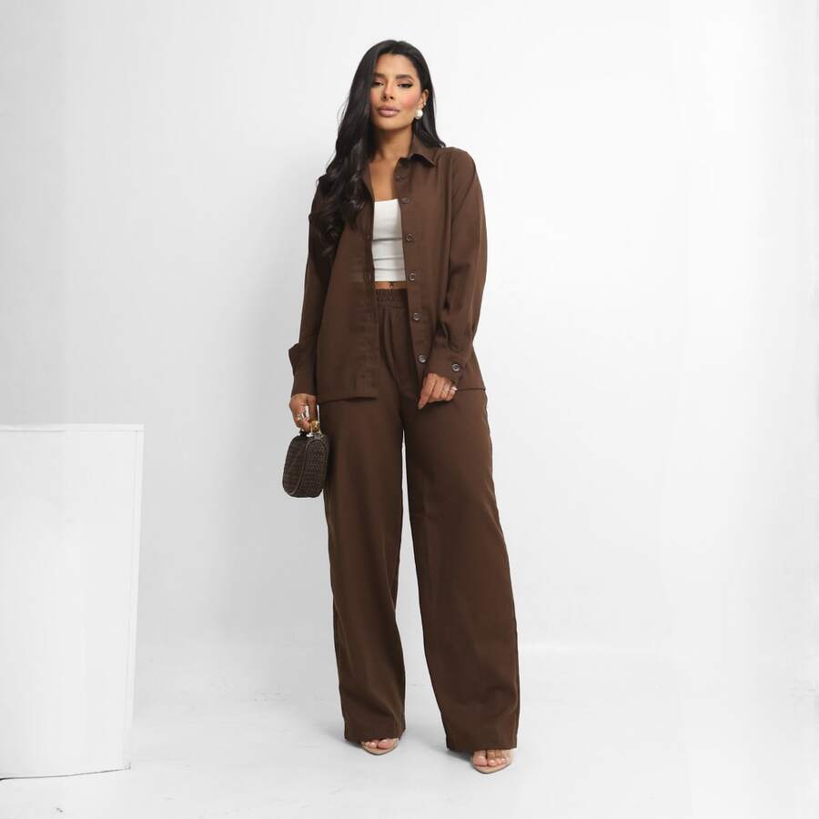 Women's Linen Set - Pants And Shirt With Buttons - Rust Brown - View 1