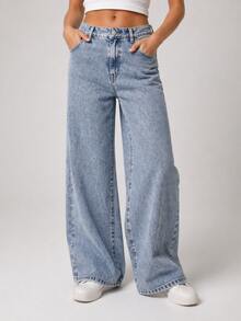 Women's Light Blue Marbled Wide Leg Jeans, High Waist, Casual, Modern, And Relaxed For Everyday Wear. - 淺色大理石紋牛仔褲 - 查看 3