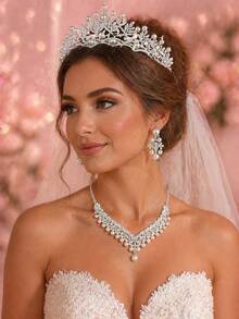 A Set Of Women's Bridal Accessories, Classic And Elegant Pearl Crown Plus Luxurious Necklace Plus Earrings, 4-Piece Wedding Jewelry Set, Suitable For Wedding Dresses And Gowns, Also Suitable For Wedding Parties, Proms, And Parties - White - View 2