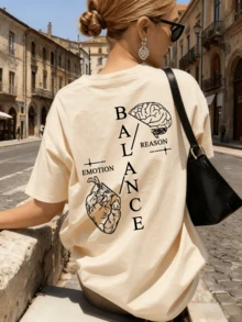 BALANCE 女士脑心印花圆领宽松T恤，简约美学图案设计，休闲版型，适合日常街头穿搭、早午餐约会、夏季郊游、周末聚会、音乐节和都市风格。 - 杏色 - 查看 1