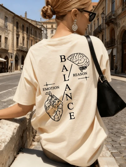 Women's BALANCE Brain And Heart Print Round Neck Loose T-Shirt, Minimalist Aesthetic Graphic Design, Casual Fit Suitable For Daily Streetwear, Brunch Dates, Summer Outings, Weekend Gatherings, Festivals And Urban Style