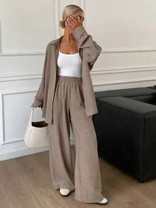 Plus Size Women's Solid Color Loose Shirt And Wide Leg Pants 2-Piece Set, Casual Chic Elegant - Khaki - View 3