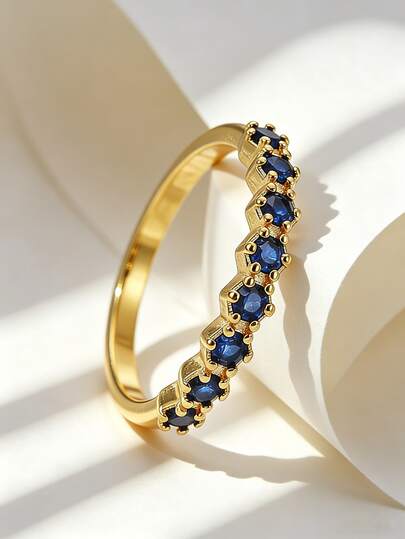 Charm-In Bague anneau d'éternité en zirconium cubique bleu plaqué or 18 carats, bague de mariage fine et empilable, bijoux minimalistes pour femmes