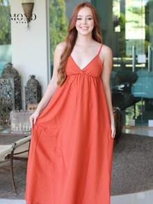 Women's Backless Loose-Fitting Long Dress With A V-Neck And Thin Straps - 赤土陶 - 查看 3