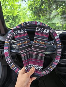 3 buah Sarung Setir Universal 15 Inci Gaya Bohemian dari Linen Tenun + 2 buah Set Sabuk Pengaman, Aksesori Dekorasi Interior Mobil Anti Selip dan Nyaman, Cocok untuk Wanita dan Pria (5 Warna) - Gaya retro - View 15