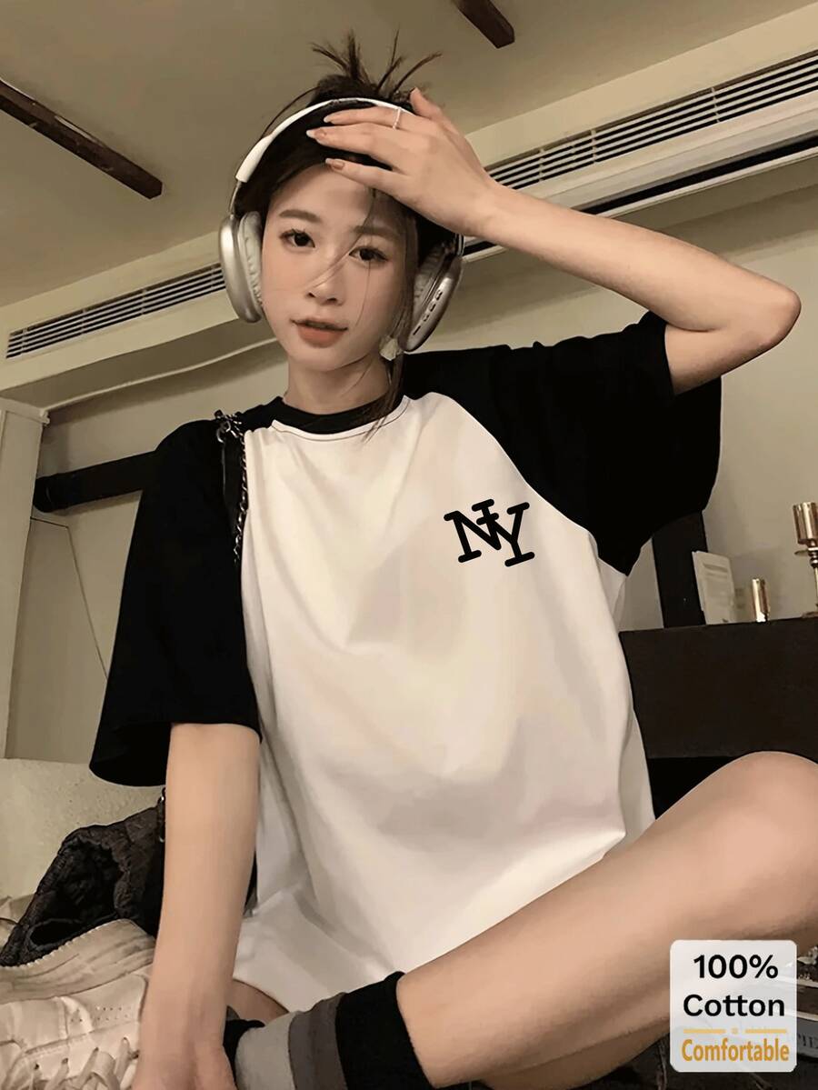 Women's Summer Letter Print Raglan Short Sleeve Mid-Length T-Shirt, Stylish And Fashionable Black And White Casual Top - Black and White - View 1