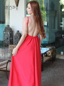 Women's Backless Dress With Long, Loose Neckline And Thin Straps - Red - View 4