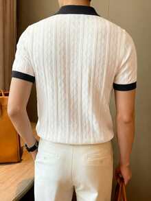 ALTZTAR Men's Contrast Color Short Sleeve Knitted Cable Textured Polo Shirt - White - View 5