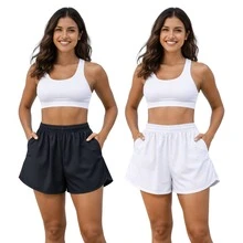 Set Of 2 Women's Shorts, Tactel Fabric, Sizes P To Plus, Swimming Pool, Beachwear, Lightweight Fabric, Hiking, Gym Shorts - 黑白 - 查看 1
