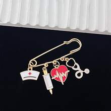 1pc Creative Medical Theme Safety Pin Brooch With Nurse Cap, Syringe, ECG Heartbeat & Stethoscope Charms, Perfect For Bag & Clothing Decoration, Ideal Gift For Nurse's Day/Thank You - Multicolor - View 1