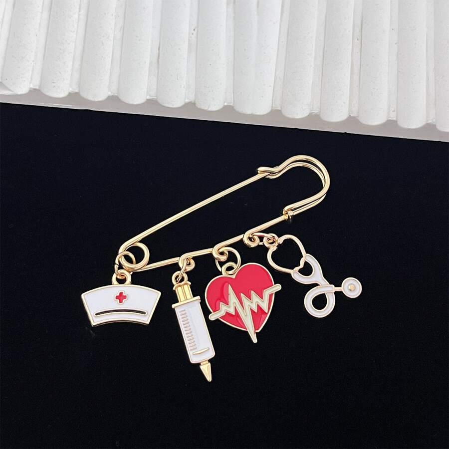 1pc Creative Medical Theme Safety Pin Brooch With Nurse Cap, Syringe, ECG Heartbeat & Stethoscope Charms, Perfect For Bag & Clothing Decoration, Ideal Gift For Nurse's Day/Thank You - Multicolor - View 1