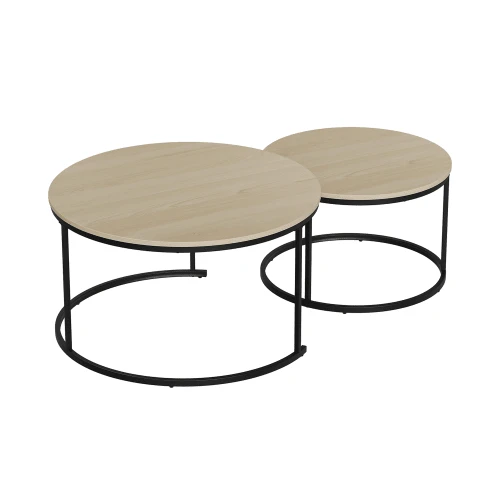 Set Of Two Nesting Coffee Tables, Oak Veneer, Round Coffee Table 60 Cm In Diameter, Metal Structure, Modern Style, Suitable For Living Room, Bedroom, Balcony.
