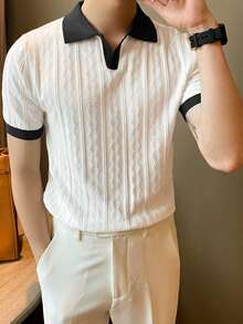 ALTZTAR Men's Contrast Color Short Sleeve Knitted Cable Textured Polo Shirt - White - View 3