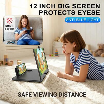 12 Inch Phone Screen Amplifier, Black,Foldable Anti-Blue Light 3D Magnifier, Cellphone Screen Enlarger With HD Anti-Glare Lens, Home Travel Car Entertainment Accessories For Smartphone