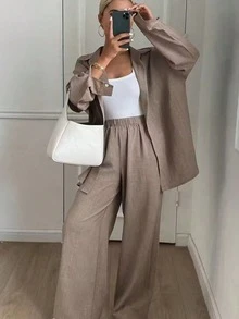 Plus Size Women's Solid Color Loose Shirt And Wide Leg Pants 2-Piece Set, Casual Chic Elegant - Khaki - View 1