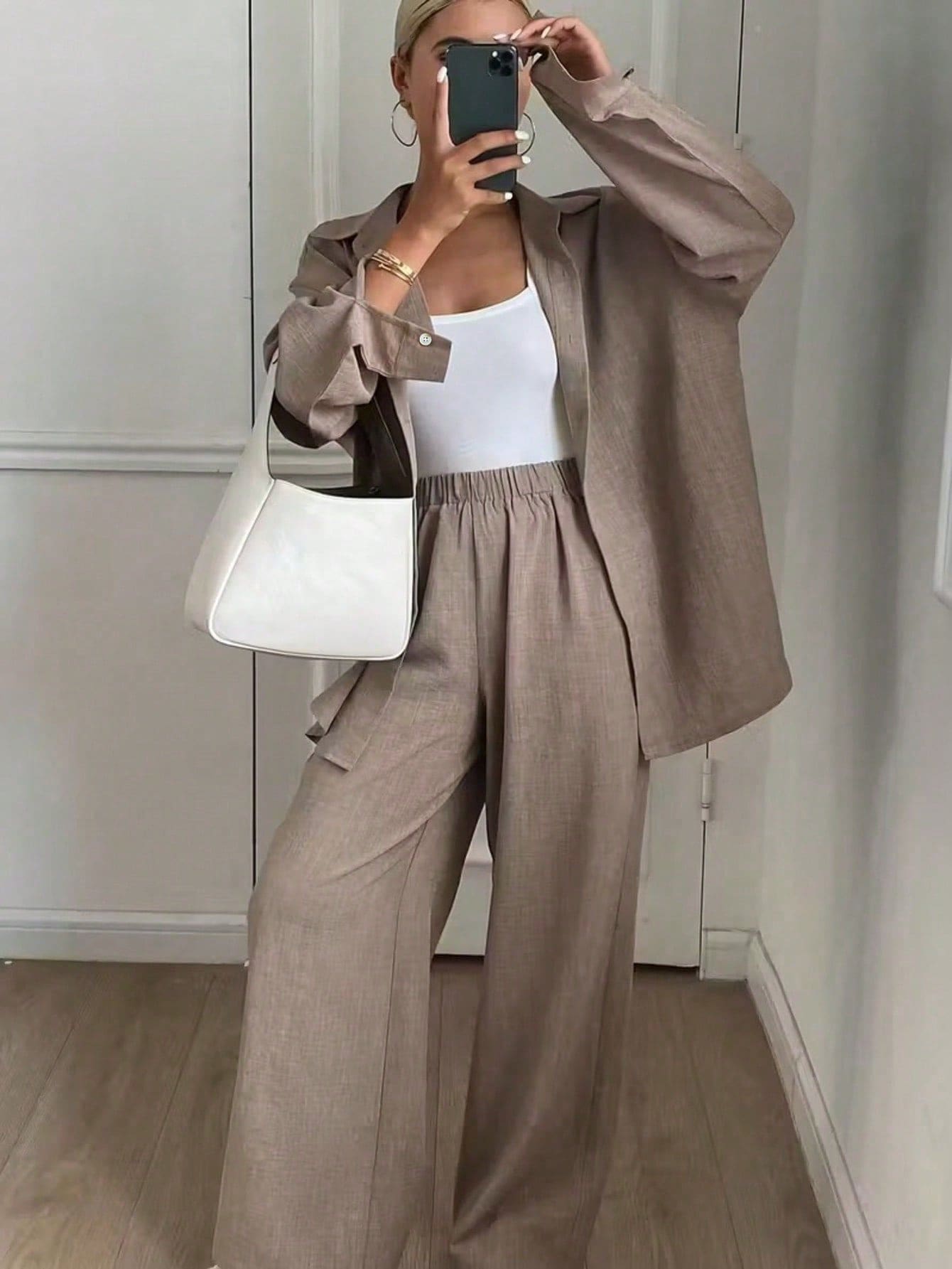 Plus Size Women's Solid Color Loose Shirt And Wide Leg Pants 2-Piece Set, Casual Chic Elegant - Khaki - View 1