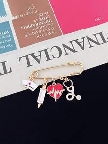 1pc Creative Medical Theme Safety Pin Brooch With Nurse Cap, Syringe, ECG Heartbeat & Stethoscope Charms, Perfect For Bag & Clothing Decoration, Ideal Gift For Nurse's Day/Thank You - Multicolor - View 2