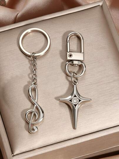 2pcs Creative & Practical Gifts - Personalized Music Note Metal Keychain, Advertising Pendant, Music Symbol Keychain, Chain, Fashionable Hollow Star Alloy Keychain, Pendant. Mother's Day Gift. Personalized Keychain.