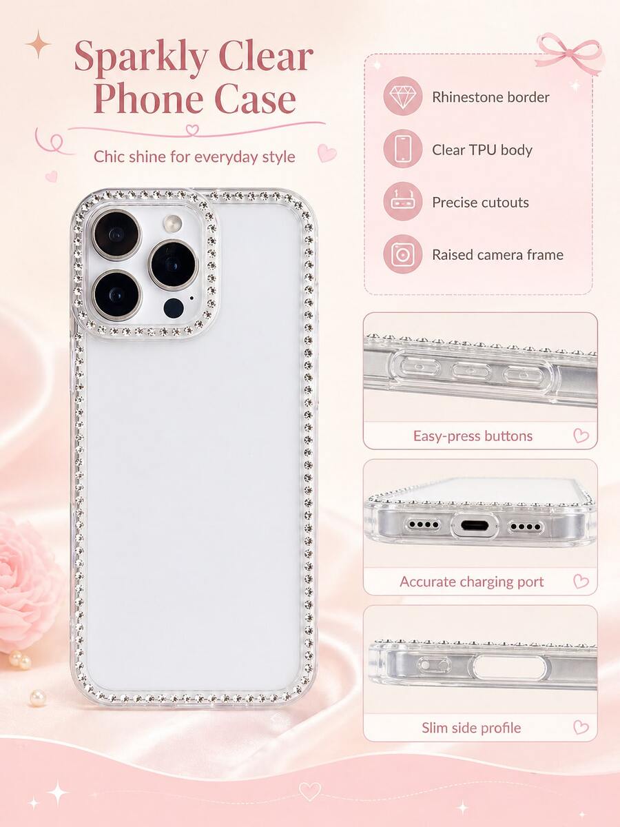 适用于 17/16/15/14 Pro 的 1 件装手机壳，女性化美学设计，柔软 TPU 外壳，百搭时尚风格，全框镶钻透明手机壳，摄像头完美贴合 - 無色 - 查看 1