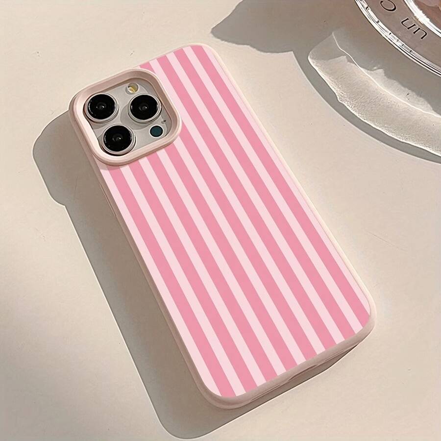 1pc Pink Striped Phone Case, Cute Cartoon Shock-Proof Protective Cover Compatible With Apple 17 Pro Max/17 Pro/17/16 Pro Max/15 Pro Max/14/13/12 Pro Max/11, A Fashionable And Creative Gift Choice - Pink - View 1