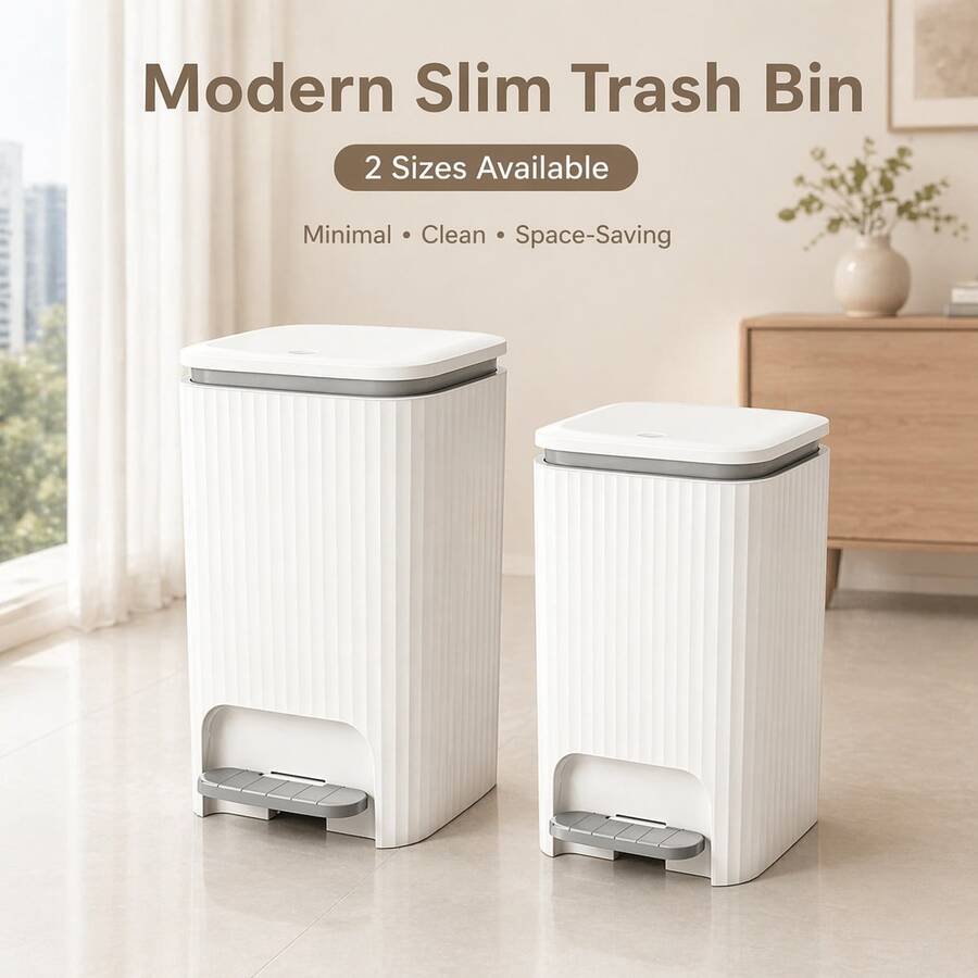 1個白色纖細雙開式踏板廚房垃圾桶，手壓與腳踏雙開式浴室垃圾桶，大容量塑膠垃圾桶附蓋，垂直條紋紋理易清潔客廳垃圾桶，適用於廚房、浴室、臥室、客廳、辦公室和宿舍
