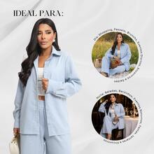 Women's Linen Set - Pants And Shirt With Buttons - Baby Blue - View 5