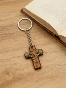 Wooden Cross Keychain With Praying Hands And Olive Leaf Pattern, Employee Appreciation Party Souvenir Set With Silk Pouch And Thank You Card, Suitable For Baptism, First Communion, Wedding, Graduation Appreciation Gifts, Bulk Souvenir Wholesale - A - View 7
