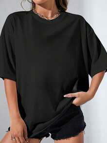 Women's Casual Cotton Oversized T-Shirt, Short Sleeve Round Neck Regular Fit Top, Slight Stretch Fabric For Everyday Wear - 黑色 - 查看 5