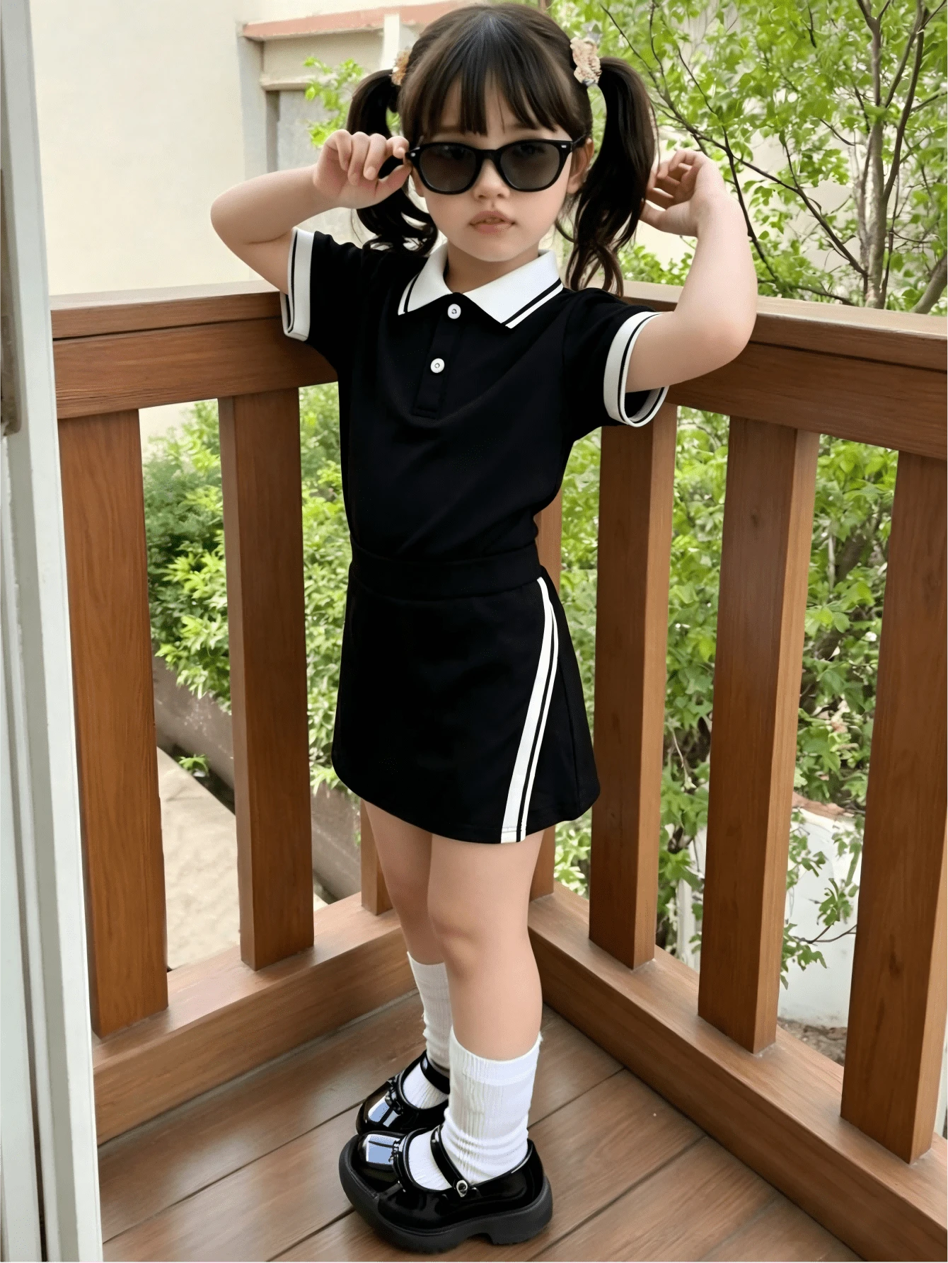 夏季新款女童运动套装,宽松透气撞色领Polo衫+侧条纹防闪光短裤裙,时尚百搭休闲校园装 - 黑色 - 查看 1