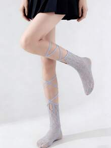 1 Pair Black/White/Grey New Spring/Summer Thin Lace Hollow Criss-Cross Strap Socks - Multicolor - View 7