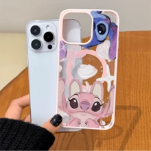 Disney Licensed Lilo & Stitch Angel Phone Case, Adorable Pink Angel Character With Seashell & Starfish Graphics, Clear Transparent Design With MagSafe Compatible Ring, Scratch-Resistant Pink Frame Case For IPhone 17, 16, 15, 14, 13, 12, And 11 Pro,Galaxy S22 ,S23,S24,S25models.. A Fun Gift For Family, Friends, Birthdays, Holidays, And Special Occasions. - 粉色 - 查看 1