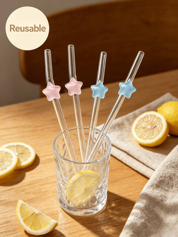 1pc/2Pcs/Set Reusable Glass Straws With Star Accents, Cute Aesthetic Clear Drinking Straws, For Cold Drinks, Smoothies & Bubble Tea,Ideal For Iced Drinks, Afternoon Tea, Milkshakes, Smoothies, Sparkling Water, Milk Tea, Juices And Other Cold Drinks. Ideal For Beach Parties, Outdoor Picnics, Dessert Shops,Party Supplies, Family Gatherings,Valentine's Day, Back-To-School Season.Refreshing,Perfect Sweet Gift For Girls.
