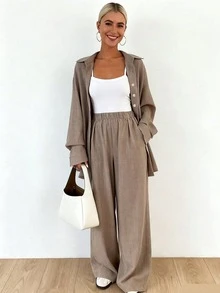 Plus Size Women's Solid Color Loose Shirt And Wide Leg Pants 2-Piece Set, Casual Chic Elegant - Khaki - View 5