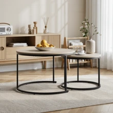 Juego de dos mesas de centro apilables, chapadas en roble, mesa de centro redonda de 60 cm de diámetro, estructura metálica, estilo moderno, adecuadas para salón, dormitorio o balcón. - Albaricoque 1 - Ver 11
